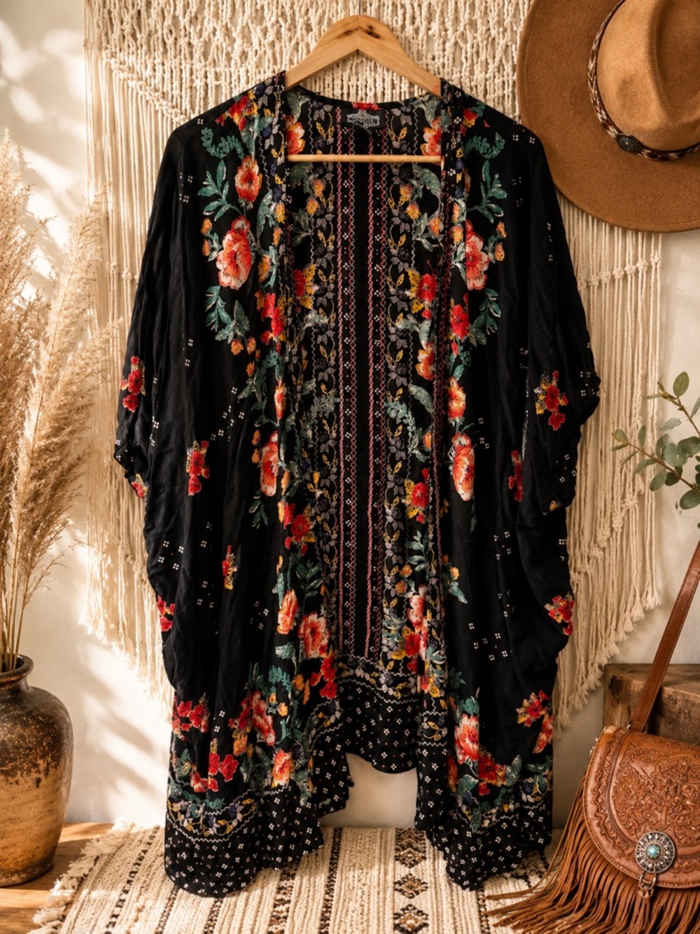Angie Floral Boho Kimono Duster Cardigan Black Oversized Festival Medium